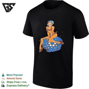 Pinup Woman In Astronaut Helmet Sitting On Disco Ball Moon T-Shirt