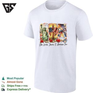 She Loves Jesus And America Too Statue Of Liberty Cross Fireworks Roses T-Shirt