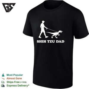Shih Tzu Dad Man Walking Velociraptor Dinosaur On Leash Humor Silhouette T-Shirt
