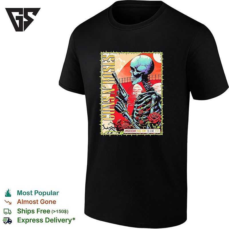 Skeleton With Gun And Roses Guns N Roses Amsterdam Netherlands 2026 T-Shirt Skeleton With Gun And Roses Guns N Roses Amsterdam Netherlands 2026 T-Shirt