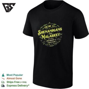 St Patricks Day Funny Saying Green Typography Prone To Shenanigans And Malarkey With A Hint Of Skulduggery Tomfoolery T-Shirt