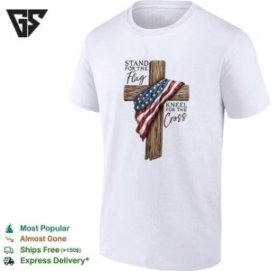 Stand For The Flag Kneel For The Cross American Flag Wooden Cross Illustration T-Shirt