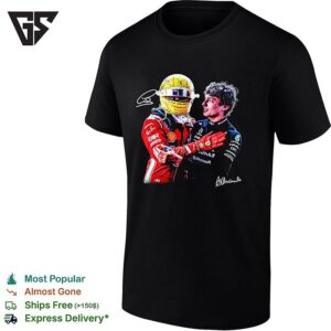 Two Rival F1 Drivers Sporting Embrace Ferrari Mercedes Race Podium Friendship Photo Art T-Shirt