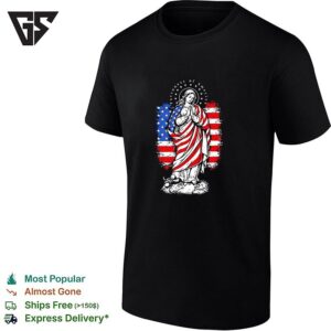 Virgin Mary Praying Wrapped In American Flag Patriotic Religious Graphic T-Shirt