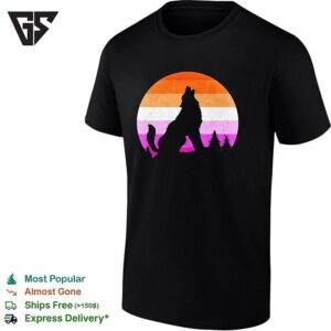 Wolf Howling Lesbian Pride Flag Sunset Retro Silhouette T-Shirt