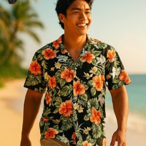 Men Hawaiian Cotton Hibiscus Shirt