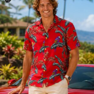 Red Jungle Bird Magnum Pi Rayon Aloha Shirt