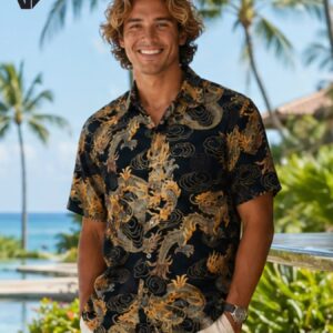 Short Sleeves Dragon Button-Up Dress Aloha Shirt