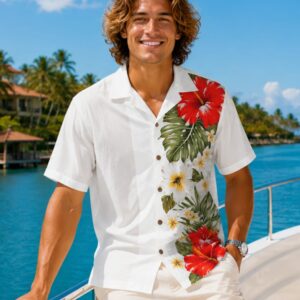 Side Panel Hibiscus Short Sleeves Cotton Aloha Shirt