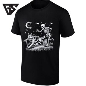 German Shepherd Dog Playing Fetch With A Skeleton In A Graveyard T-Shirt