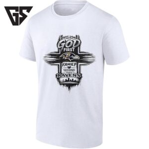 God First Family Second Then Baltimore Ravens City Skyline In Cross T-Shirt