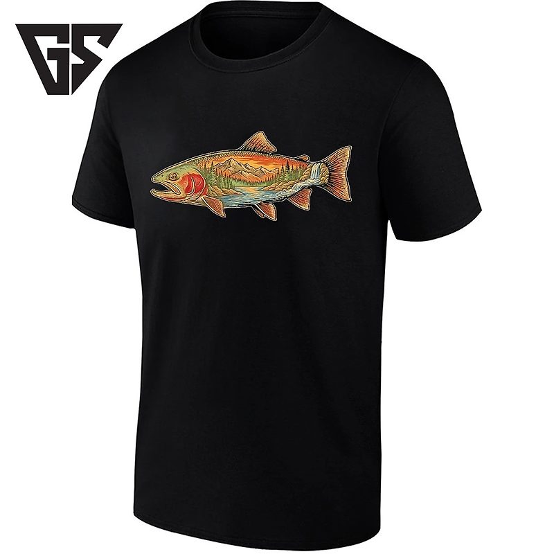 Rainbow Trout With Mountain Lake And Waterfall Landscape T-Shirt Rainbow Trout With Mountain Lake And Waterfall Landscape T-Shirt