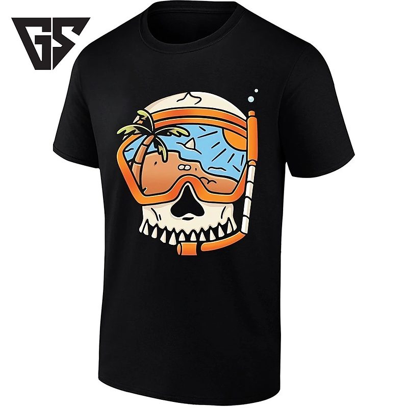 Skull Wearing Snorkel Mask With Tropical Beach Scene T-Shirt Skull Wearing Snorkel Mask With Tropical Beach Scene T-Shirt