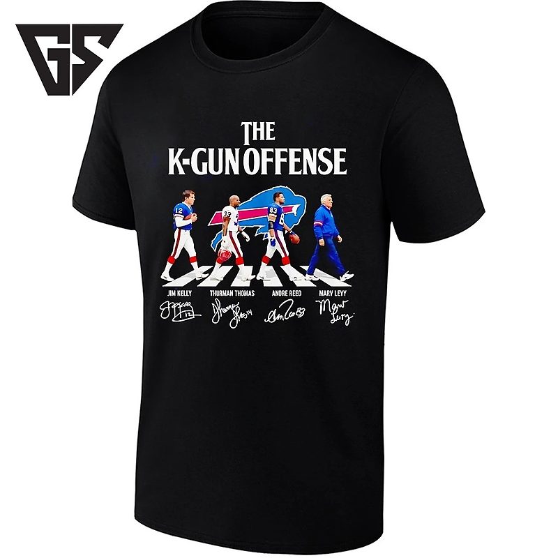 The K Gun Offense Buffalo Bills Jim Kelly Thurman Thomas Andre Reed Marv Levy Signature T-Shirt The K Gun Offense Buffalo Bills Jim Kelly Thurman Thomas Andre Reed Marv Levy Signature T-Shirt