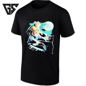 Three Cats Playing Piano Under The Full Moon T-Shirt